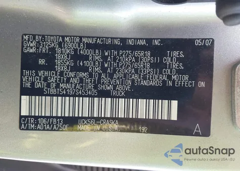 2007 Toyota Tundra Double Cab Sr5 z USA, uszkodzony, nr VIN 5TBBT54197S453405
